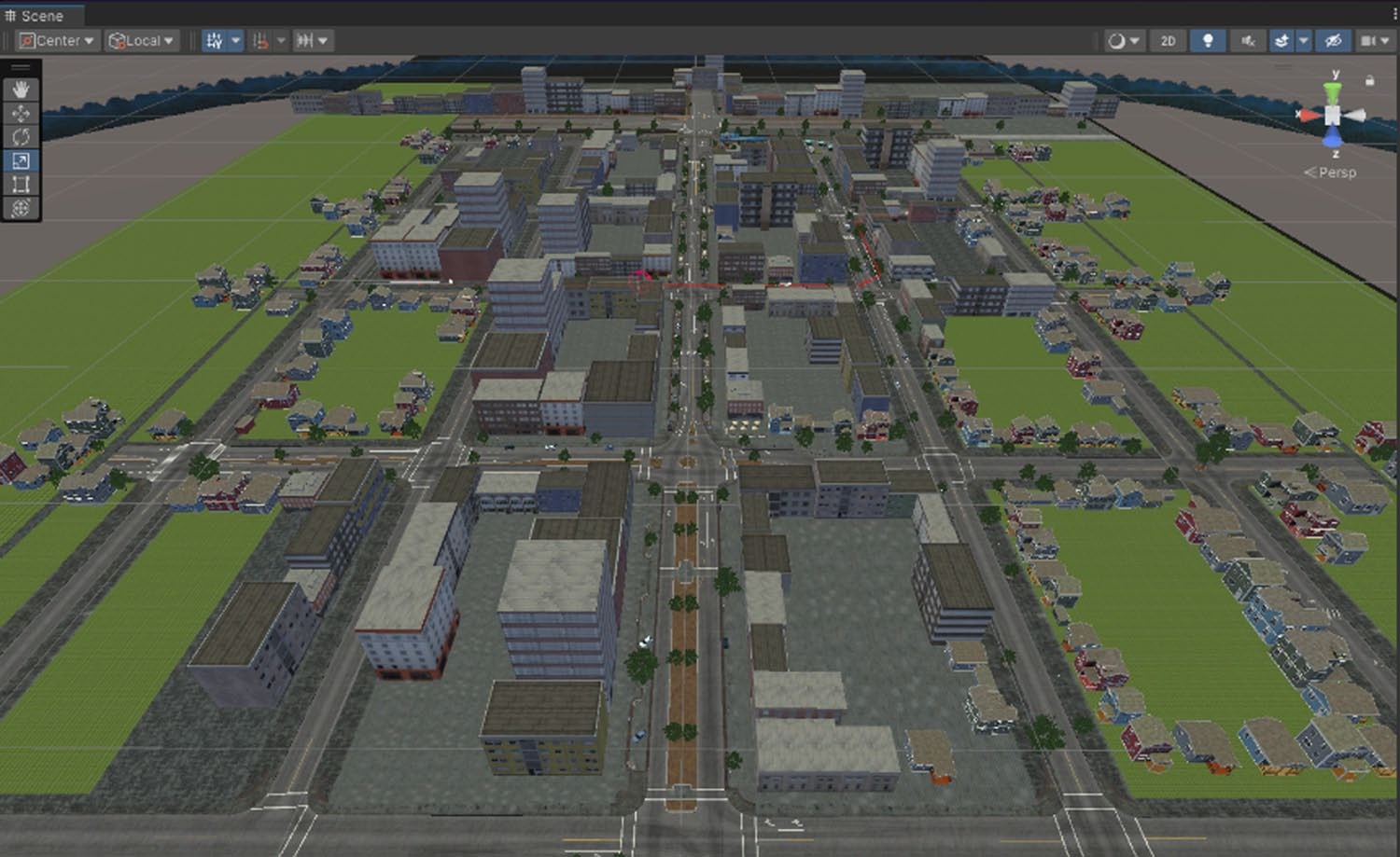 Aerial view of the suburban city map used in HRI MobiSim, shown in the Unity Scene view