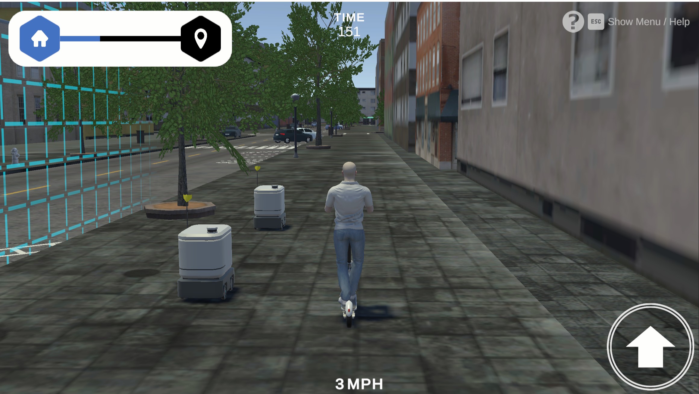Browser version of HRI MobiSim showing route progress, timer, speed and a turn arrow over the rider view