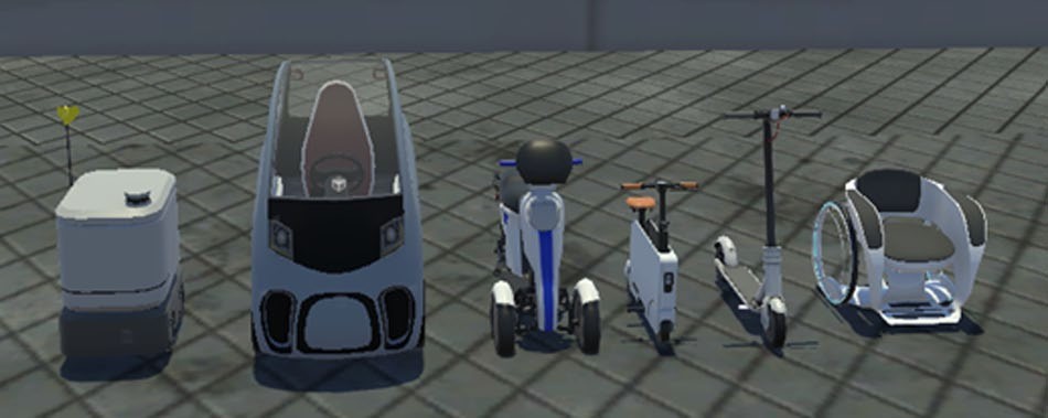 Six mobility platforms: delivery robot, mobility vehicle, tri-wheeled scooter, seated scooter, standing scooter and wheelchair