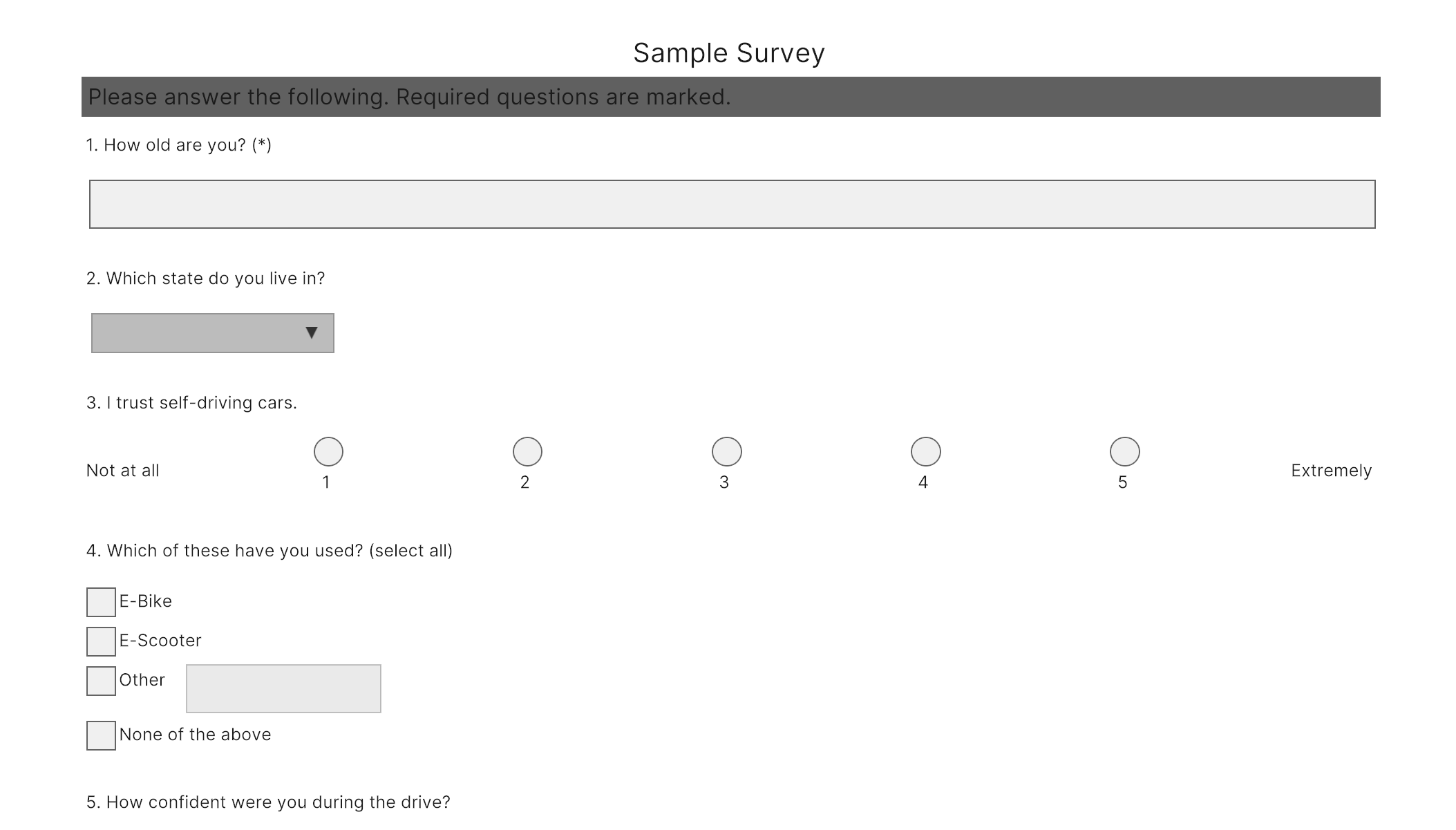Sample survey shown inside the simulator with text, dropdown, Likert and checkbox questions
